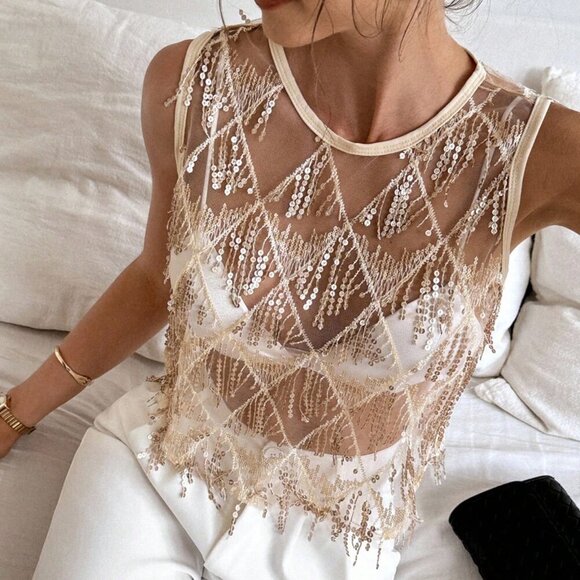 Tops - Apricot Casual Women's Mesh See Through Beaded Crop Top